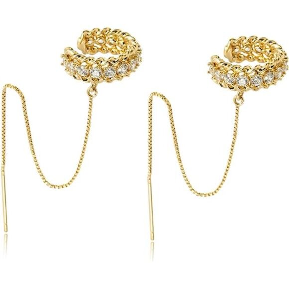 Gold Rhinestone Fringe Clip Earrings | Long Crystal Dangle Hoops - Picture 2 of 7